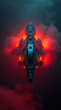 A spaceship rises up surrounded by dark clouds and emits bright red light from its engines. This digital art shows a futuristic design and setting