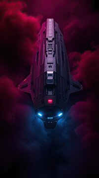 A spaceship glides through a colorful nebula filled with clouds. The ship has bright lights and a sleek design. Dark colors dominate the backdrop