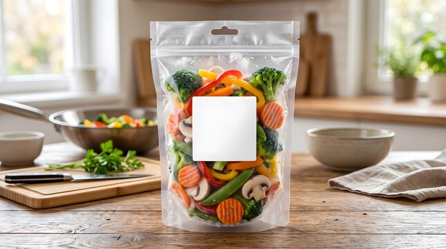 Clear plastic pouch with zipper lock containing mixed sliced vegetables and greens. Vacuum-sealed fresh produce packaging, healthy ready-to-cook ingredients and preserved food.