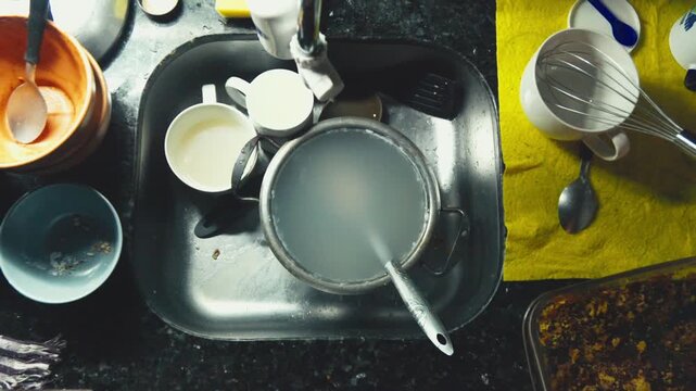 An overhead panning shot reveals a messy kitchen sink overflowing with dirty dishes and a pot of soapy water. This relatable visual is ideal for lifestyle vlogs and domestic chore concepts.