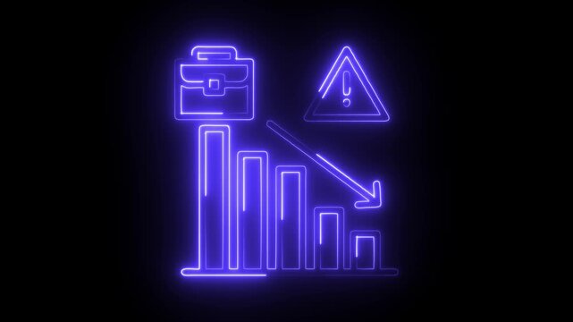 Neon style business downturn graph with caution alert and briefcase glowing on black