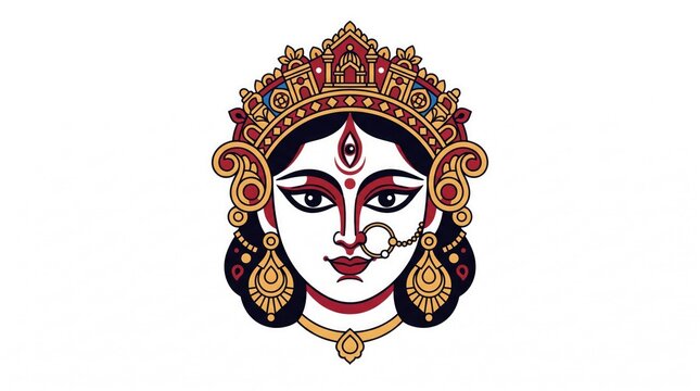 Goddess durga face illustration, traditional indian deity portrait for durga puja festival
