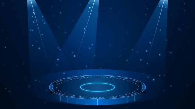 Blue Circular Digital Stage Platform With Glowing Spotlight Effects And Animated Particles Backgroun
