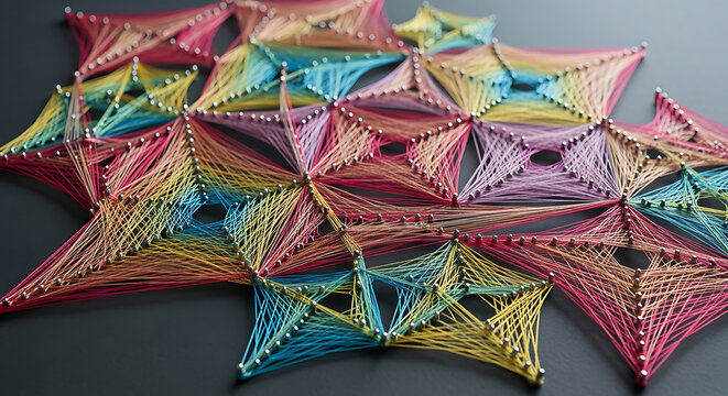 Colorful string art geometric pattern created with nails and yarn on a dark background