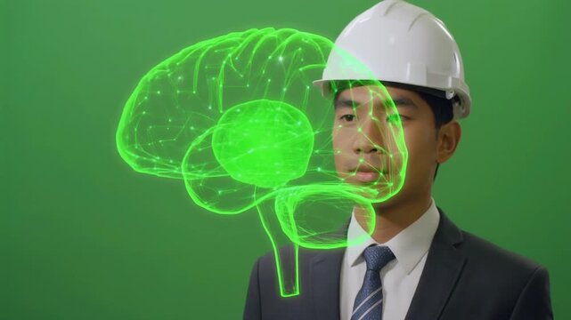 Transparent glowing green brain neural network visualization overlaying professional in hard hat. Neuroscience, AI, and smart engineering concept. Cognitive thinking, mental process.