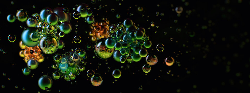 Molecular biology cellular science biotechnology biomedical research 3D visualization. Reflective spherical structures and molecular clusters for biotechnology, medicine, microscopy scientific concept