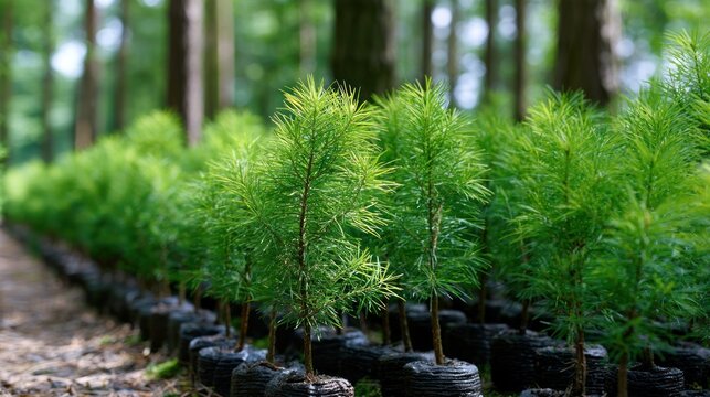 Rows of young evergreen seedlings in a forest setting, ready for reforestation, sunlit greenery