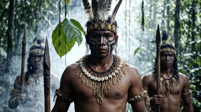 Indigenous amazonian warriors in traditional tribal attire holding spears in tropical rainforest setting