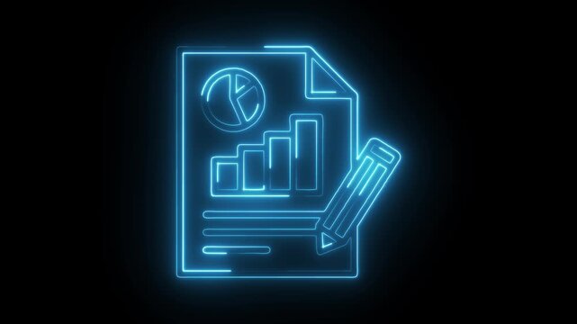Neon blue report chart analysis with pencil on black background for business strategy