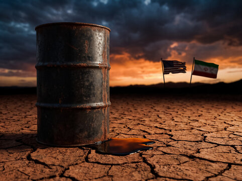rusty metal oil barrel leaking raw petroleum on dry cracked ground with usa and iran flags in background symbolizing ecocide political crisis and oil shortage