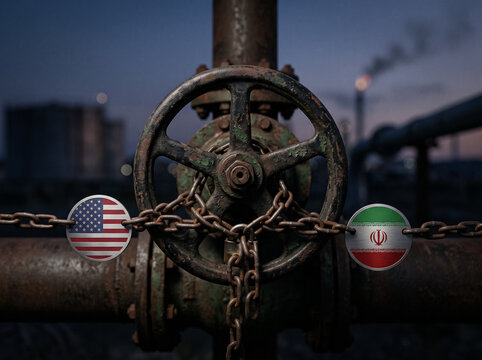 an old industrial valve locked with a chain and usa and iran flag badges against a plant