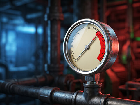 an industrial pressure gauge on a metal pipe measuring pressure level at a plant close up
