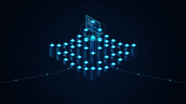 Blue Digital Data Grid Visualization with Glowing Columns and Floating Interface Information Panel