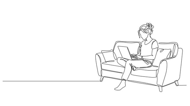animated continuous line drawing of woman sitting comfortably on couch while using a laptop computer, remote work and freelancing concept, line art animation
