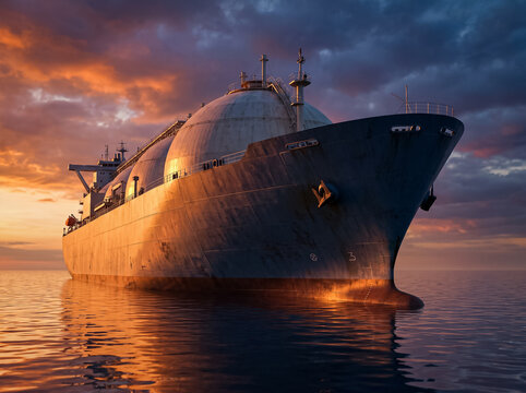gas tanker carrier transporting liquefied natural gas in open sea at sunset beautiful evening lighting sea transportation of fuel
