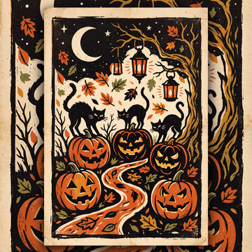 Vintage Halloween art print featuring black cats and carved pumpkins under moon