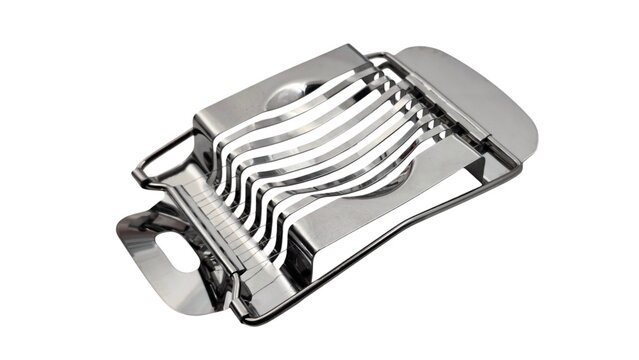 Photo of a stainless steel egg slicer with multiple cutting wires, isolated on white background, showing a practical kitchen utensil for evenly slicing hard-boiled eggs.