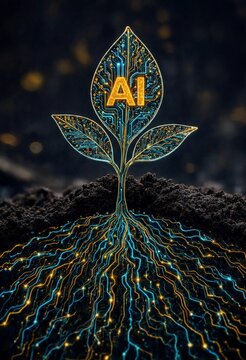 Conceptual digital plant with circuit board leaves and glowing roots representing the growth of artificial intelligence technology