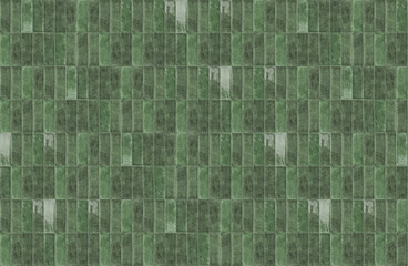 Modern green ceramic wall tiles arranged in a vertical rectangular block grid pattern for interior design. © EdisonArt