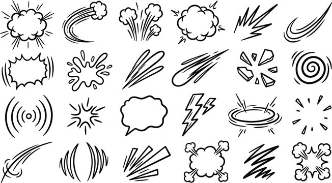 Comic book action effects set featuring explosion clouds and speed lines for manga pages