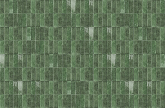 Modern green ceramic wall tiles arranged in a vertical rectangular block grid pattern for interior design.