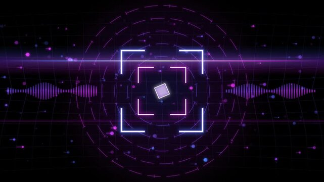Futuristic Digital HUD Interface with Pulsing Neon Audio Waveforms and Floating Particle Grid Motion