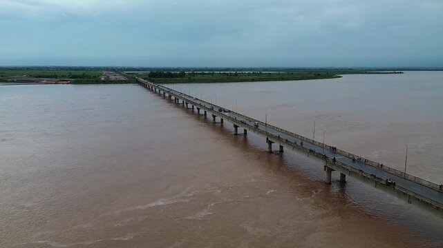 Chenab River with Elevated Water Level from Above