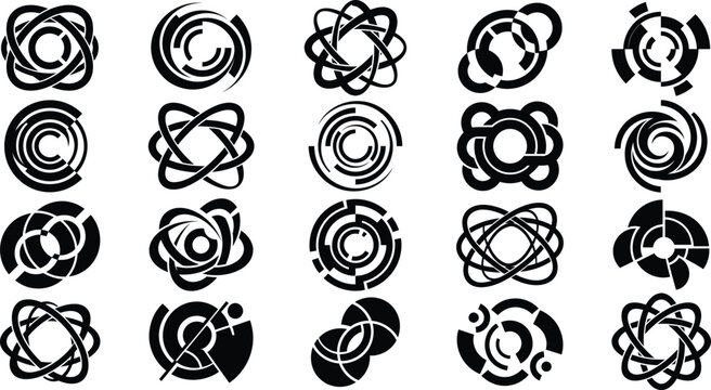 Assortment of futuristic non-representational circular emblems, geometric tech icons, and atomic symbol vector illustrations.