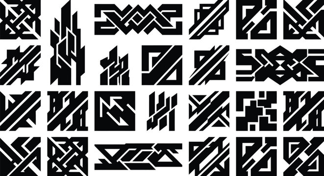 Non-representational black geometric runes and futuristic sci-fi tribal logo vector icons array for up-to-date structure projects.