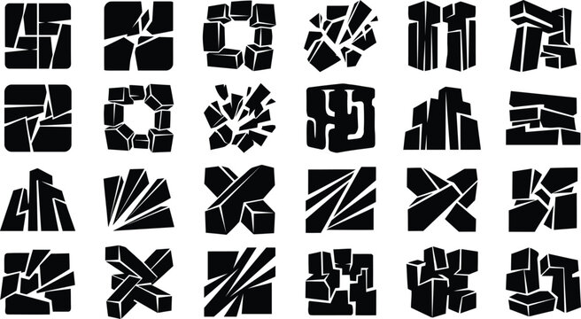 A comprehensive array of black non-representational geometric shapes and broken stone vector icons for current drawing layout projects.