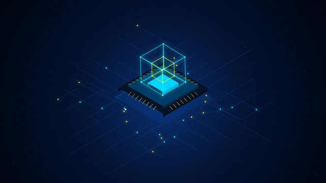 Futuristic Digital Microchip With Floating Neon Geometric Data Cube Animation In Dark Blue Backgroun