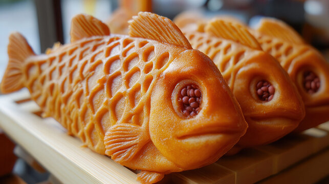 Golden taiyaki pastries with detailed fish scales stand lined up on a wooden serving board.