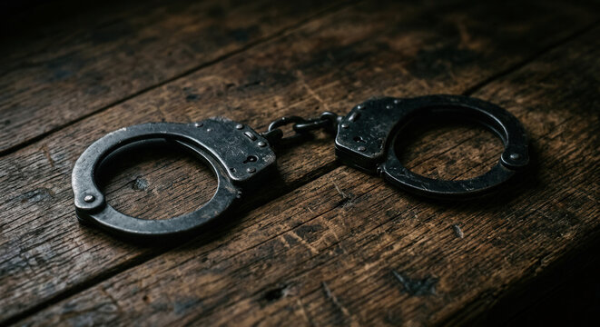 Heavy Duty Handcuffs Resting On A Rustic Wooden Surface