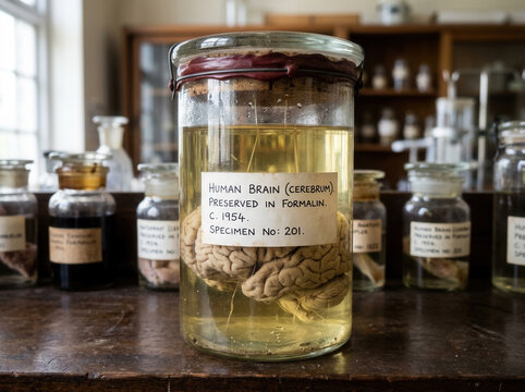 Historic Human Brain Specimen Preserved In Formalin In Vintage Laboratory Setting
