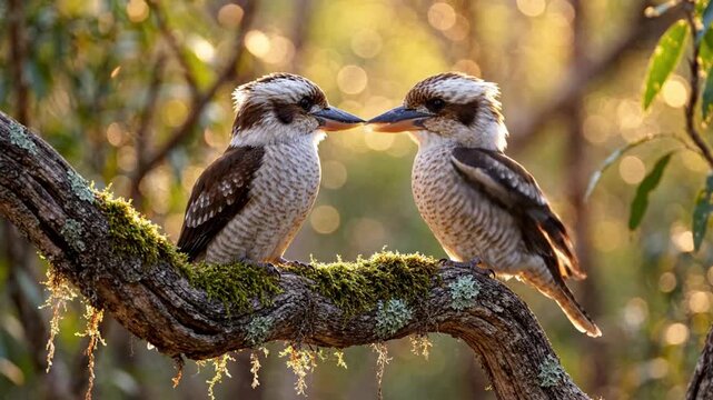 Pair of laughing kookaburras perched on mossy branch in golden hour sunlight, australian wildlife nature close-up