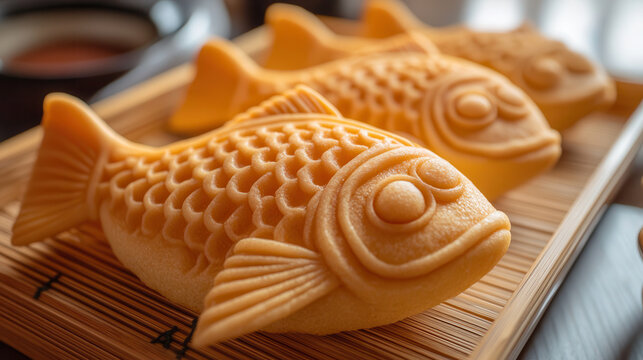Fish-shaped taiyaki cakes sit in a neat row on a wooden bamboo tray.