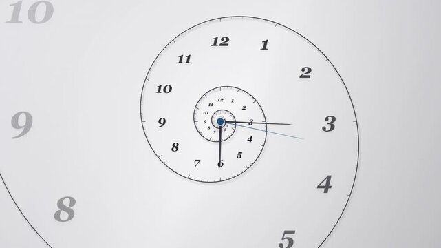 abstract infinite spiral clock zoom motion background with rotating hands