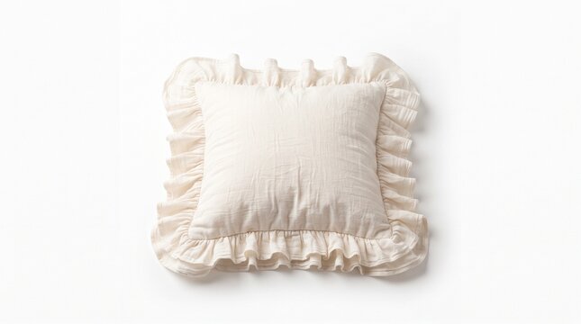 Vintage ruffled linen throw pillow, elegant cream decorative cushion with frill border, soft cotton fabric home decor accessory on white background