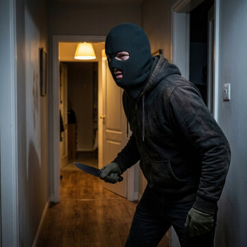Intruder In Balaclava Mask Threatening With Knife Inside Dark Hallway