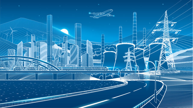 Futuristic smart city with power plant, electricity transmission towers, high speed railway, highway, airplane and wind turbines. Modern energy and transportation infrastructure concept in blue line a