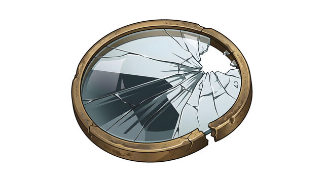 Broken round mirror game asset with shattered glass for horror, mysterious, or magic ui design elements.