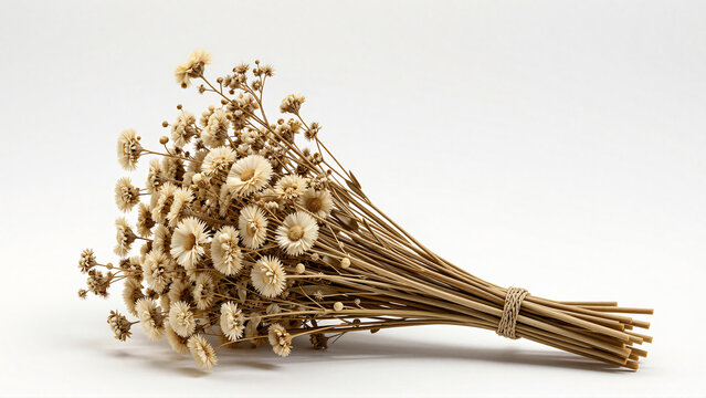 Dried White Strawflower Bouquet on White Background