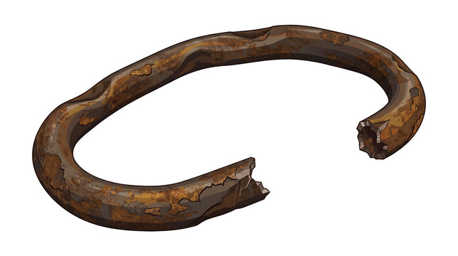 Broken rusty metal ring with rough, fractured edges and dark brown worn texture, suitable for antique or distressed design.