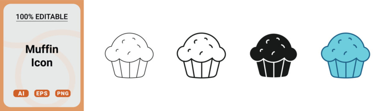 Set of muffin icons in different styles, including outline, solid, and colored versions, perfect for bakery, food, or dessertthemed design projects