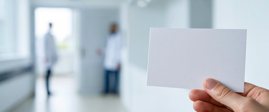 Blank business card held in medical hallway