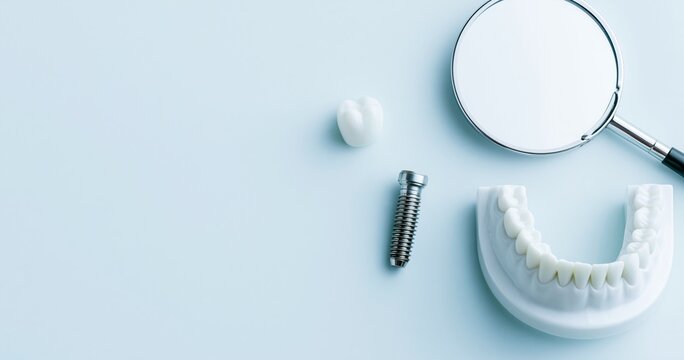 Dental implant model with mirror and tooth