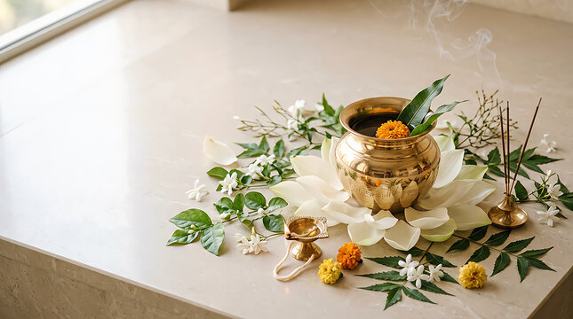 Copper kalash pot with marigold flowers and green leaves for religious ritual