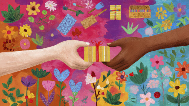 Colorful gift exchange with diverse hands surrounded by flowers and present icons