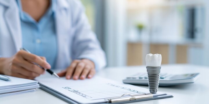 Dental implant model on clipboard with doctor