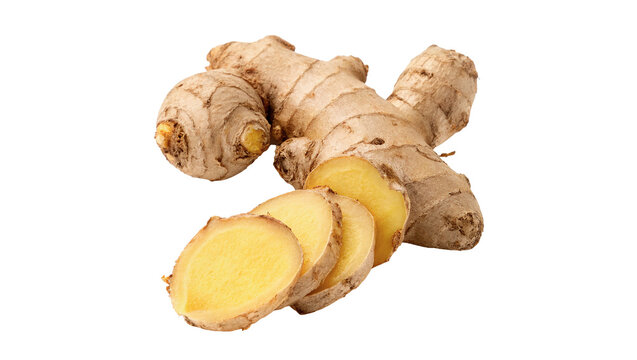 Fresh organic ginger root whole and cut slices isolated on transparent background.